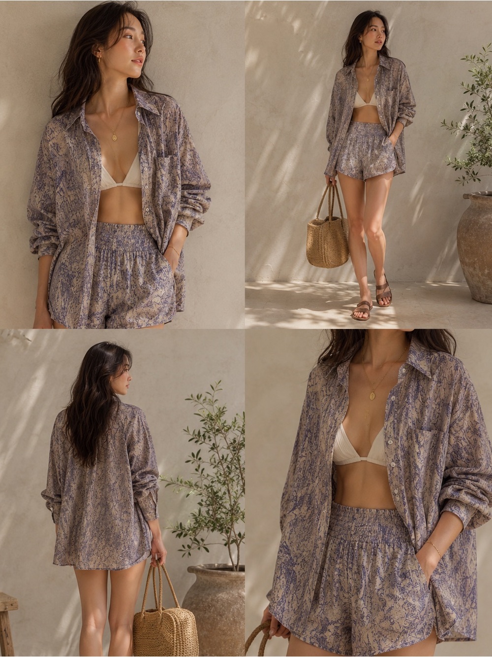 Remain Birger Christensen Matching Set Marble Print Cotton Oversized Shirt Short